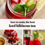 A glass of homemade iced hibiscus tea with lemon and mint garnish