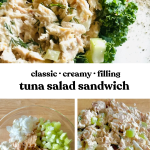 Grid images of a tuna salad sandwich and the assembly of how to make it
