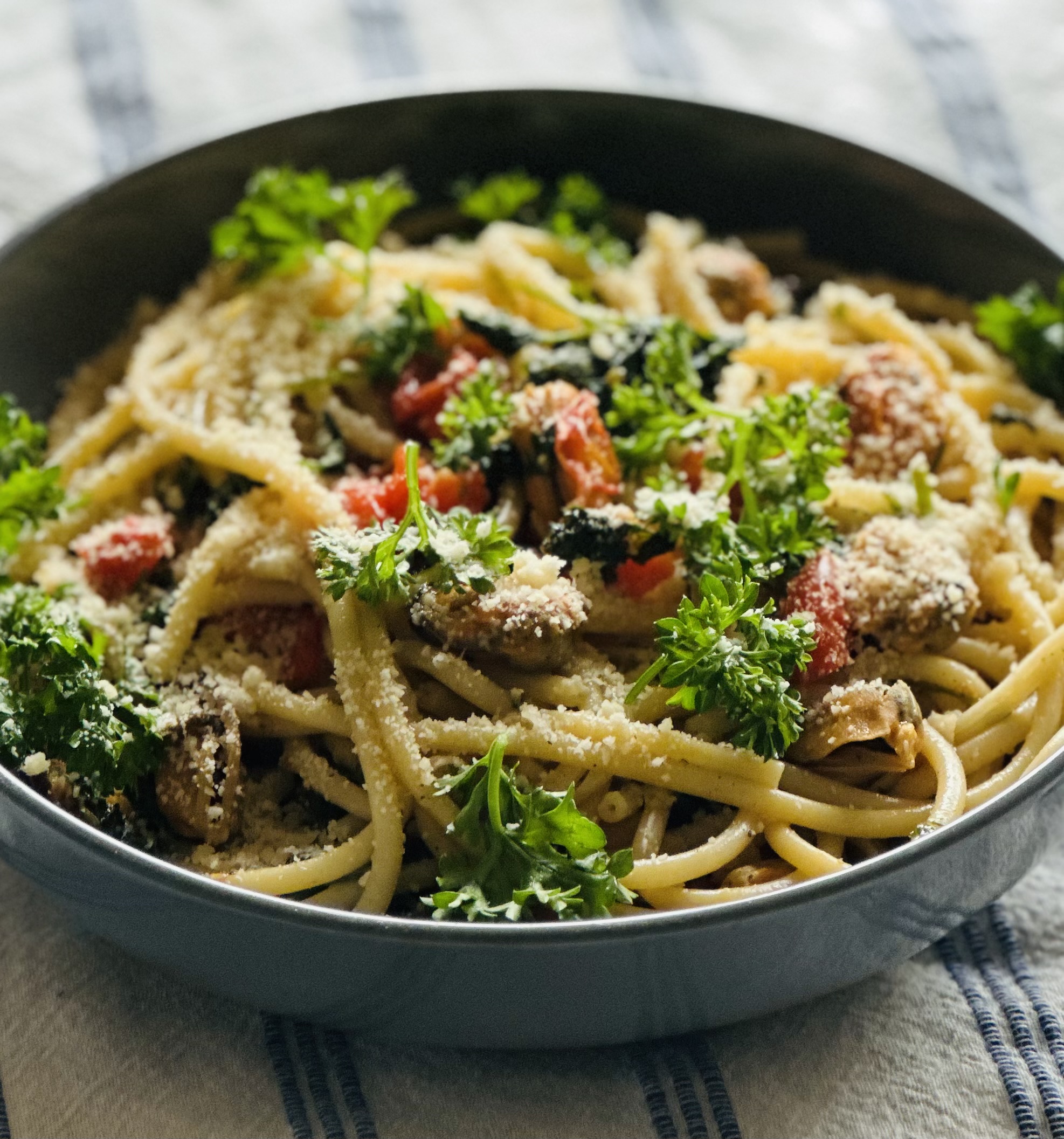 One Pan Bucatini with Mussels