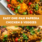 Sheet pan with baked paprika chicken and roasted chickpeas and tomatoes
