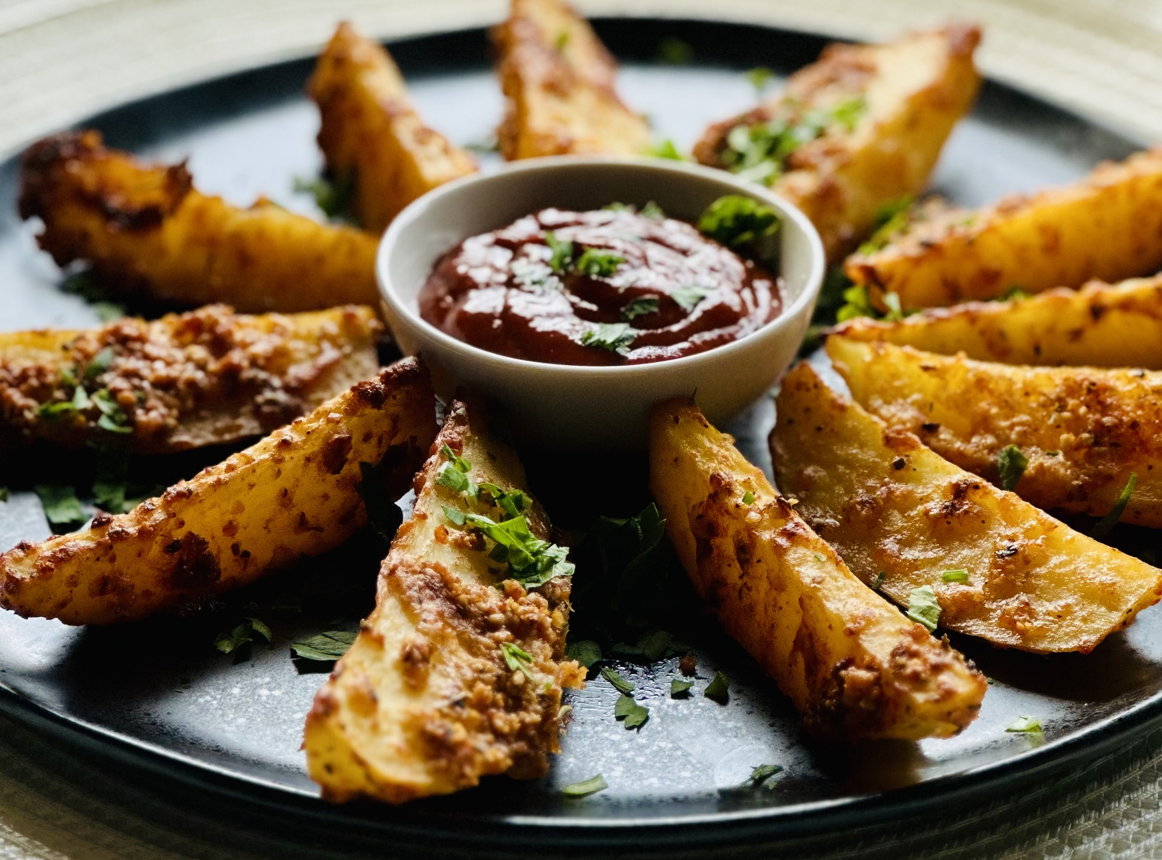 Baked potato wedges with dipping sauce on a black serving plate