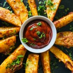 Baked potato wedges with dipping sauce on a black serving plate