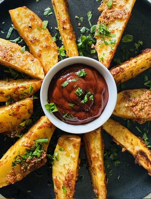 Baked potato wedges with dipping sauce on a black serving plate