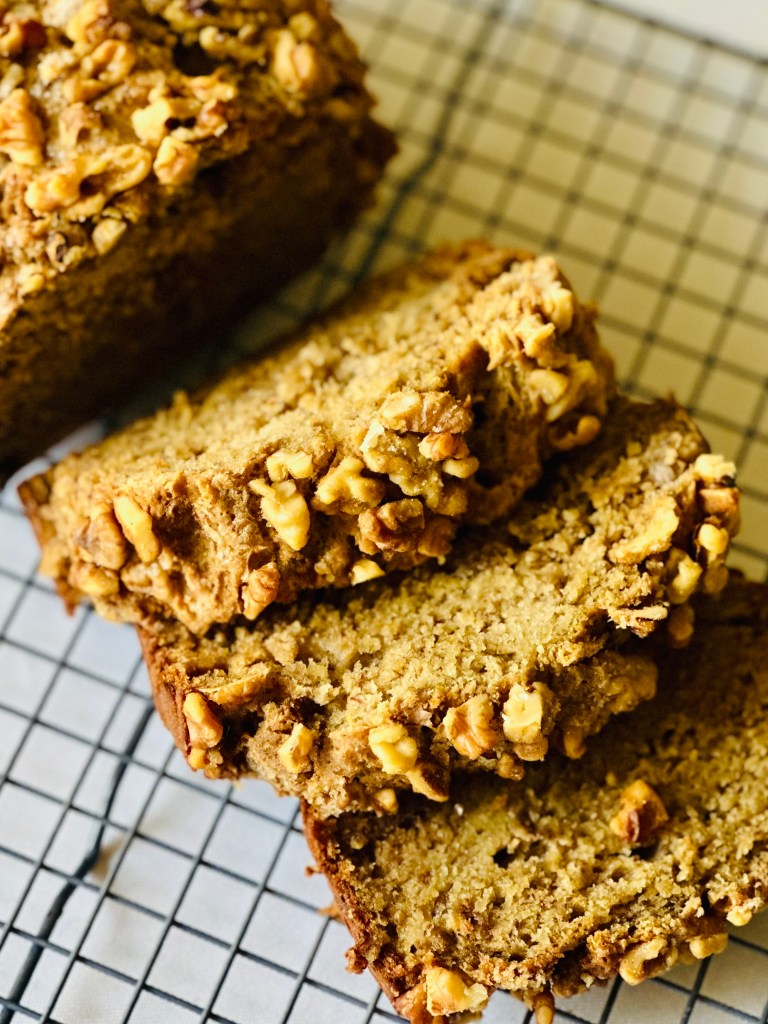 Slices of banana bread on a wire rack