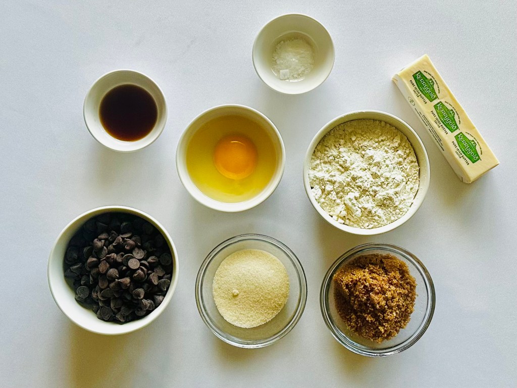 A photo of ingredients used to make chewy chocolate chip cookies