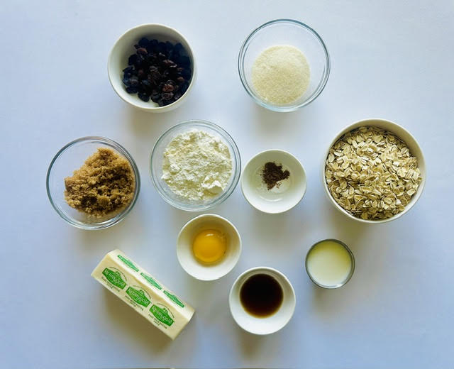 Photo of ingredients used to make oatmeal raisin cookies