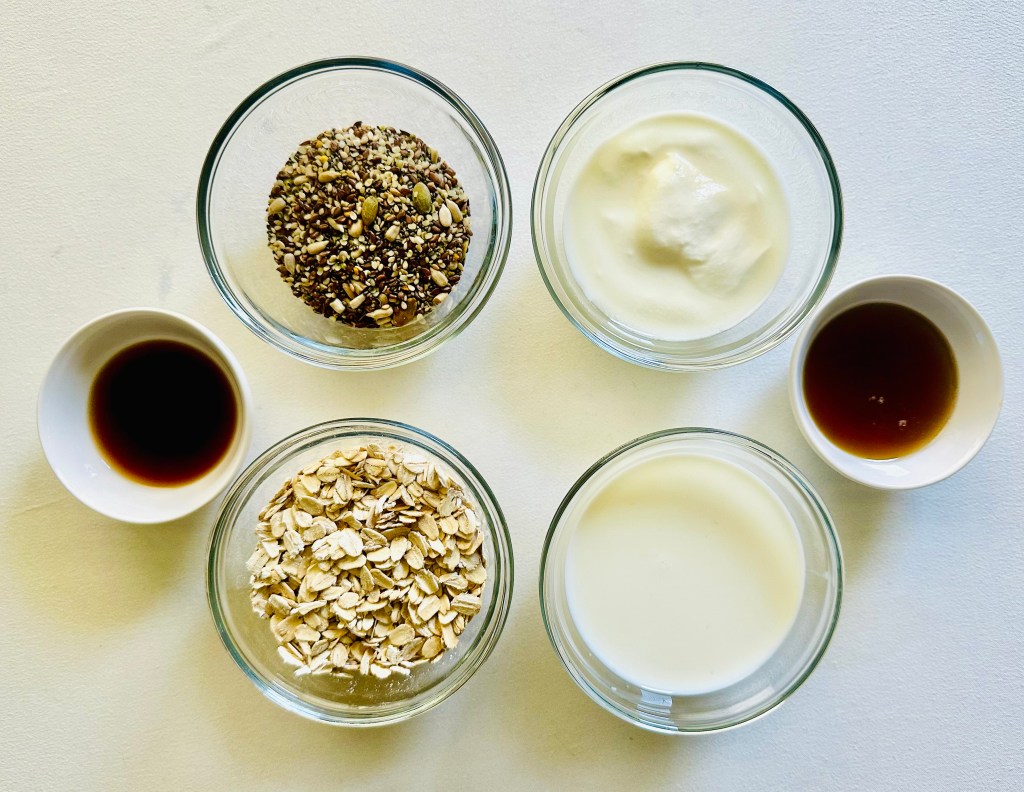 Photo of ingredients used to make no-cook overnight oats