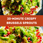 Crispy Brussels sprouts arranged on top of cottage cheese and sprinkled with pomegranate seeds and crushed pistachios
