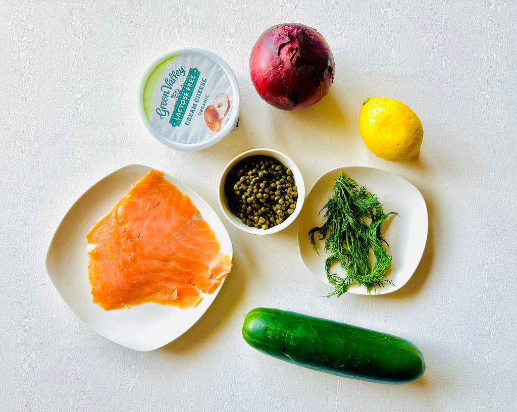 Ingredients used to assemble smoked salmon cucumber bites