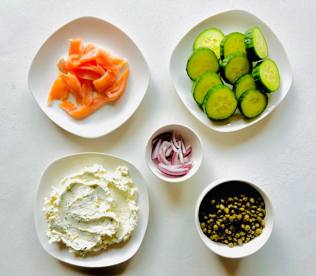 Ingredients used to assemble smoked salmon cucumber bites