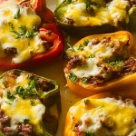 Stuffed bell peppers filled with ground beef, veggies, and melted cheese