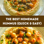 Homemade hummus on a serving plate with a garnish of chickpeas, olive oil, sumac, and za'atar