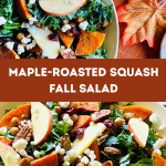 A serving plate with kale, roasted butternut squash and chickpeas, apple slices, pecans, and goat cheese