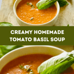 A photo of tomato basil soup ladled out in bowls with a garnish of fresh basil leaves