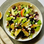 An autumn salad with apple slices, dried cranberries, crumbled goat cheese, and pecans, served on a serving plate