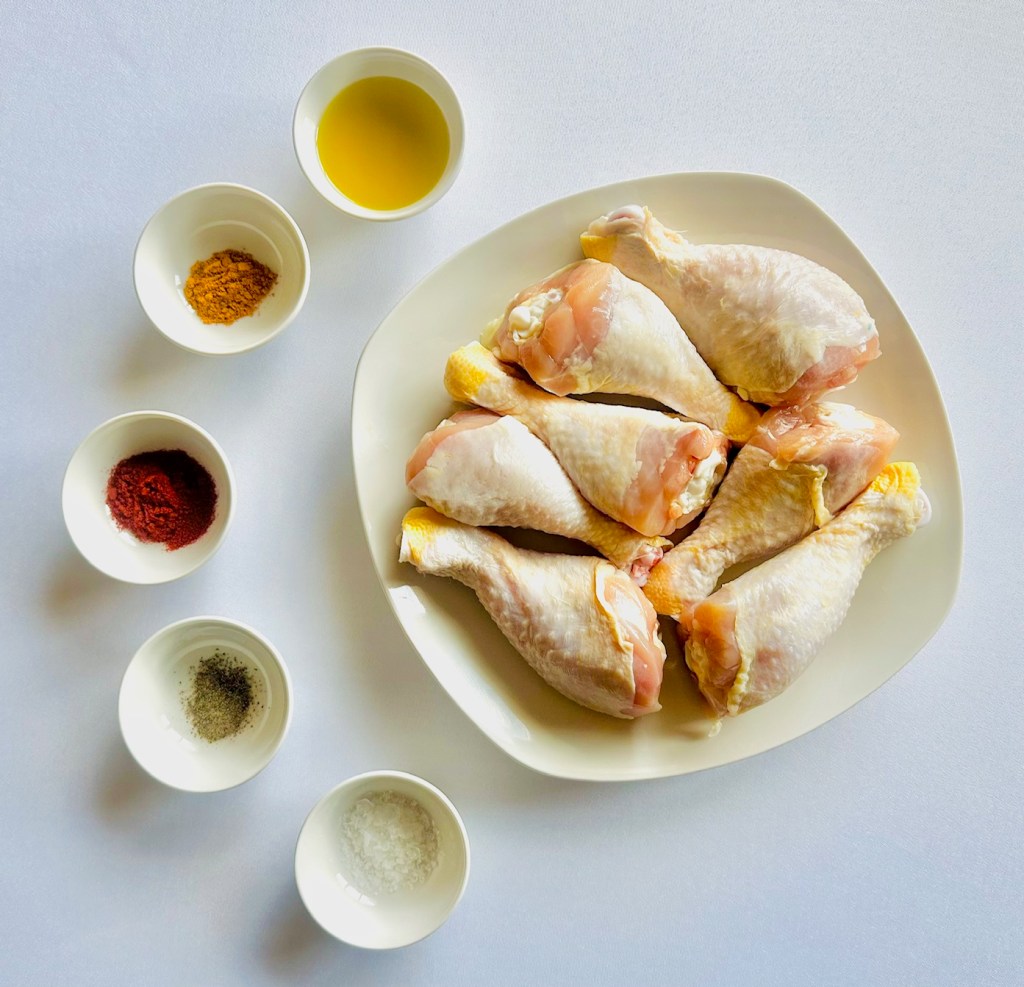 Photo of ingredients used to make crispy baked chicken drumsticks