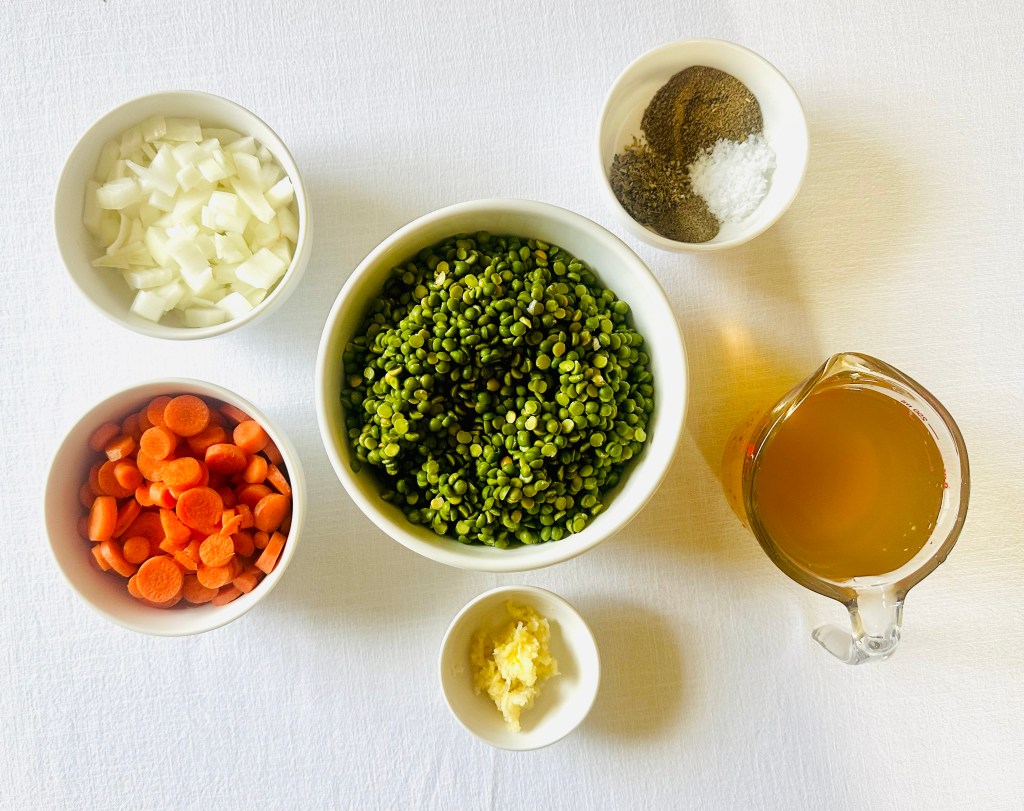 Ingredients used to make homemade vegetarian split pea soup