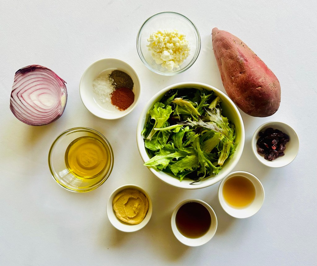 A photo of ingredients used to make roasted sweet potato salad