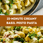 A serving bowl of homemade creamy pesto pasta with mozzarella