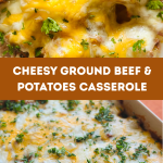 Homemade ground beef and potato casserole with melted cheddar cheese and parsley