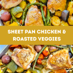 Juicy crisp chicken and roasted rainbow vegetables nestled in a sheet pan