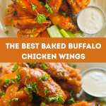 A plate of buffalo chicken wings garnished with chopped parsley and served with celery and carrot sticks