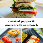 A photo of a roasted pepper, mozzarella, and pesto sandwich served on a plate
