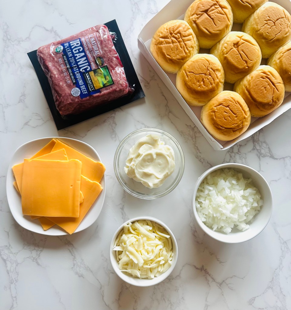 A photo of ingredients used to make cheeseburger sliders on Hawaiian buns