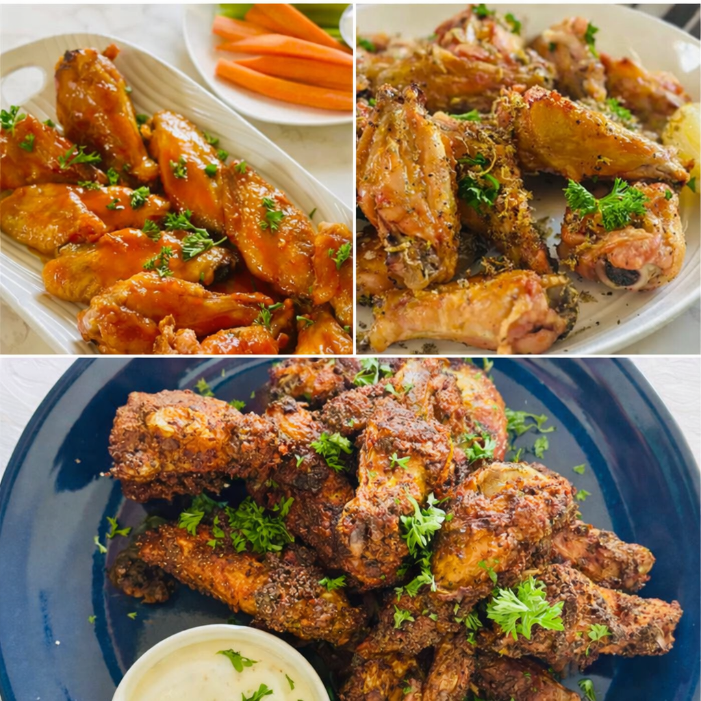 A compilation of homemade chicken wings, including buffalo, lemon pepper, and simple baked wings.