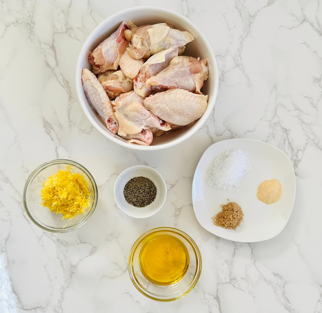 A photo of ingredients used to make chicken wings with homemade lemon pepper seasoning