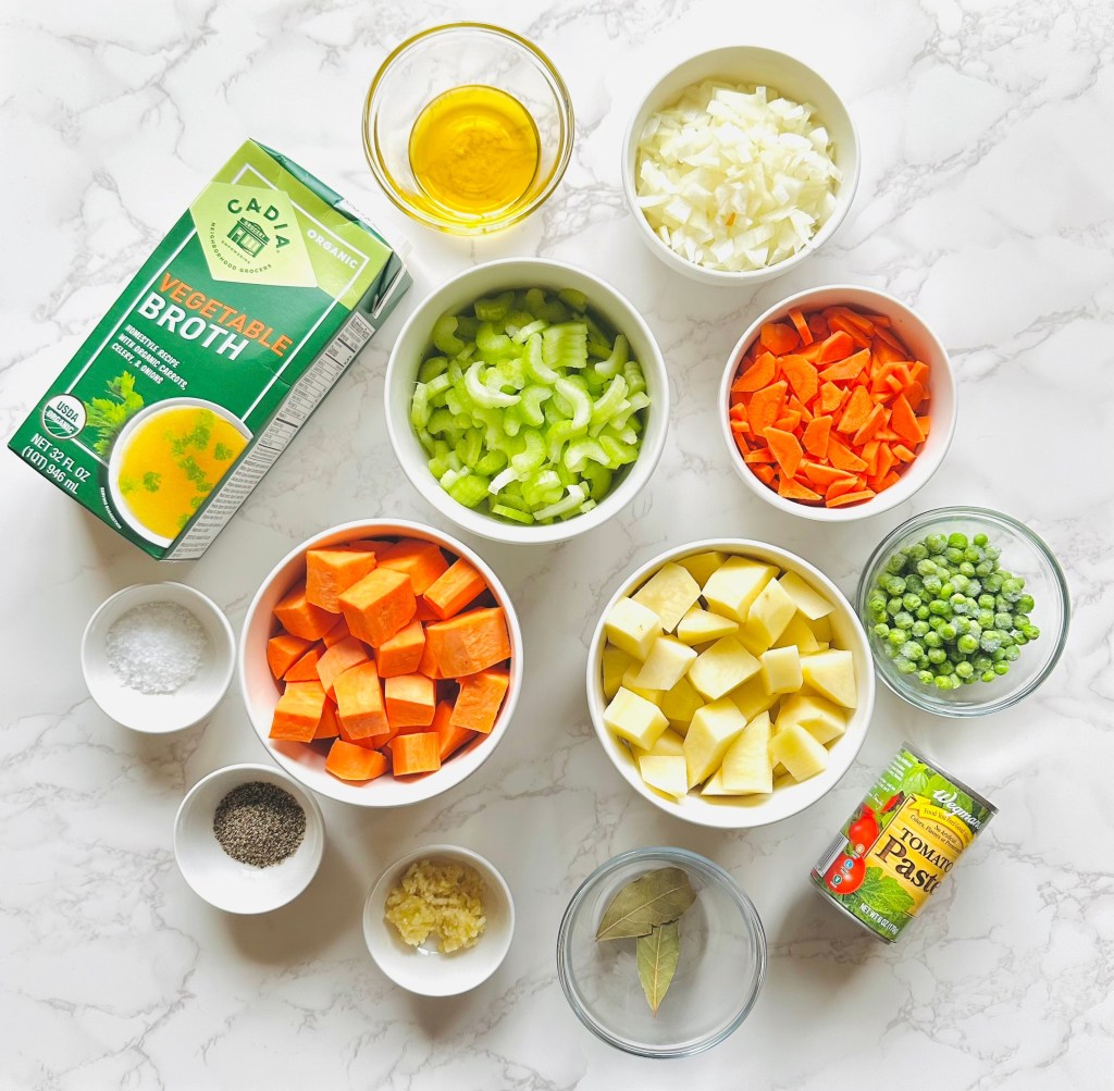 A photo of ingredients used to make homemade winter vegetable soup