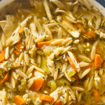 A bowl of homemade chicken orzo soup