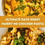 A serving plate of Marry Me Chicken served alongside pasta with a garnish of parsley