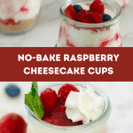 A photo of no-bake cheesecake cups with raspberry sauce, fresh berry toppings, and mint leaves