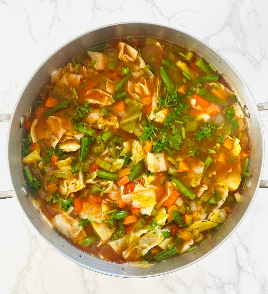 Soup pot full of homemade cabbage soup