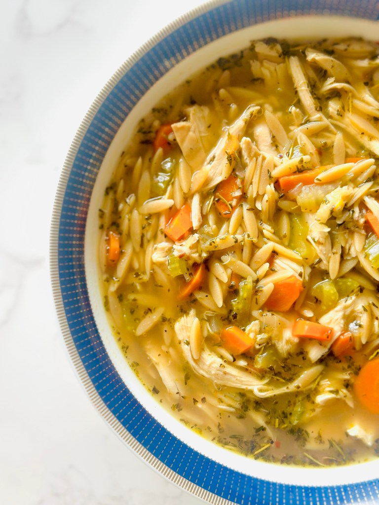 A bowl of homemade chicken orzo soup
