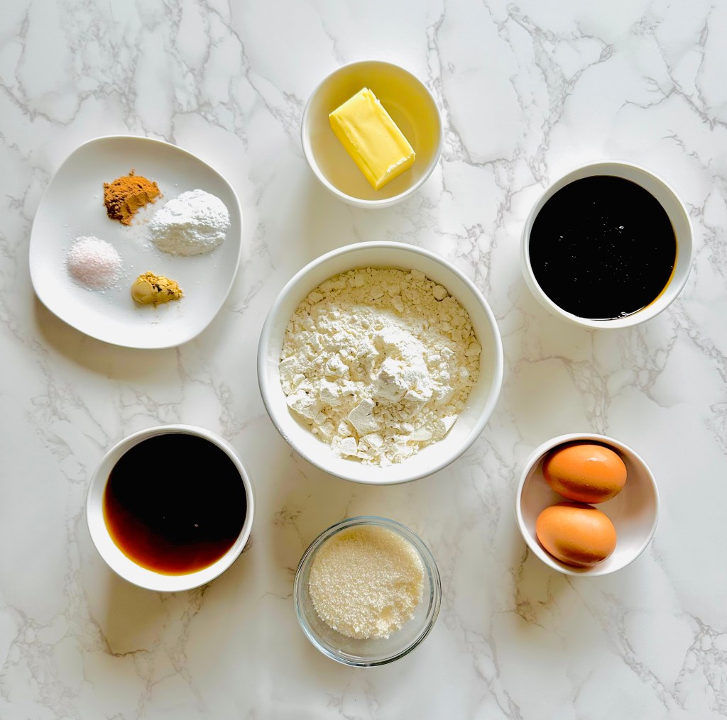A photo of ingredients used to make homemade molasses cake