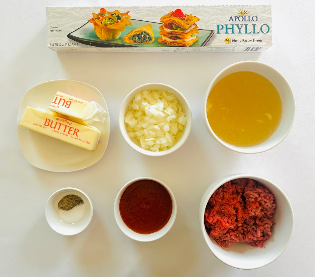 A photo of ingredients used to make savory baklava with beef and onion