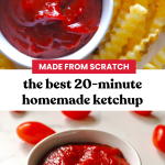 A bowl of homemade ketchup served alongside crinkle-cut fries