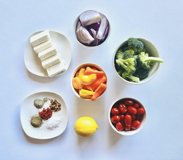 A photo of ingredients used to make sheet pan baked feta with veggies
