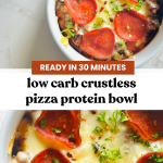 Crustless pizza bowls with topping of mozzarella and turkey pepperoni