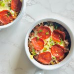 Crustless pizza bowls with topping of mozzarella and turkey pepperoni