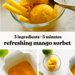Bowls of homemade mango sorbet garnished with fresh mango slices