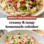 Homemade coleslaw made with shredded green cabbage, red cabbage, and carrots, tossed with a dressing of mayo, vinegar, sugar, celery seed, salt, and pepper