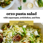 Photo grid of homemade orzo pasta salad with asparagus and sun-dried tomatoes
