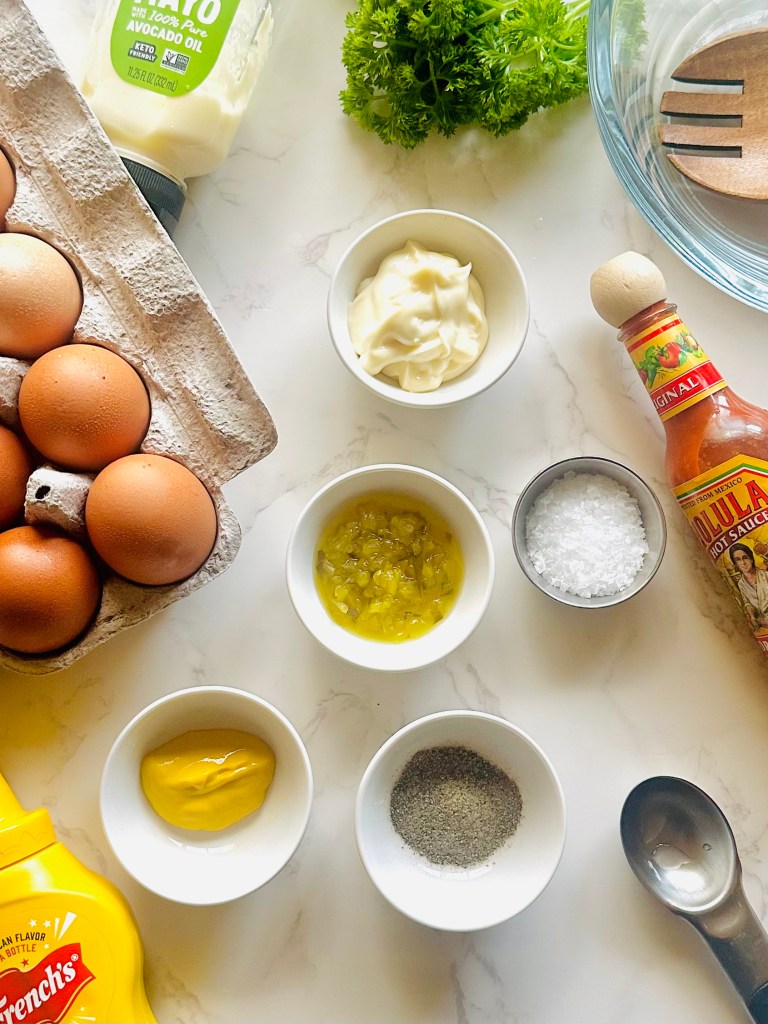 A photo of ingredients used to make deviled eggs