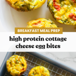 A photo grid of a platter of cottage cheese egg bites, made with eggs, cottage cheese, spinach, roasted pepper, and shredded Mexican cheese