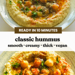 Homemade hummus on a serving plate with a garnish of chickpeas, olive oil, sumac, and za'atar