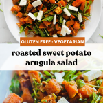 A photo grid of roasted sweet potato and arugula salad, combined with arugula, scallions, almonds, and feta, and topped with a cumin and lime dressing