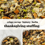 A photo grid of a baking dish containing a layer of Thanksgiving stuffing, made with onion, celery, raisins, walnuts, and bread cubes